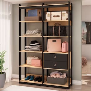 Closet Wood Preto Organização Elegante com Módulo Cabideiro, Prateleira e Gaveta Preto