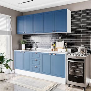 Cozinha Pérola com Rodapé 4 Peças Aéreos com 5 Portas, Balcão 2 Gavetas 3 Portas e Balcão 2 Portas Y Branco/Azul