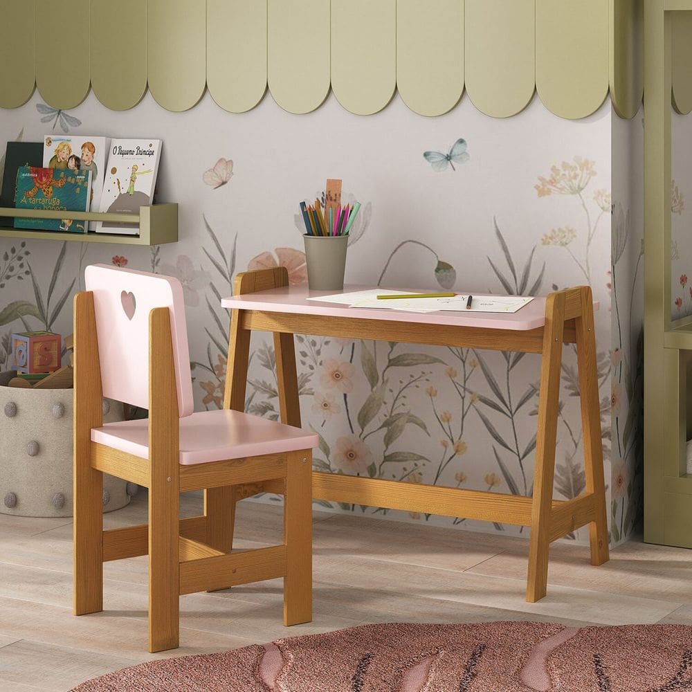 Conjunto Mesa Escrivaninha + 1 Cadeira Infantil Sofia Madeira de Pinus / Mdf