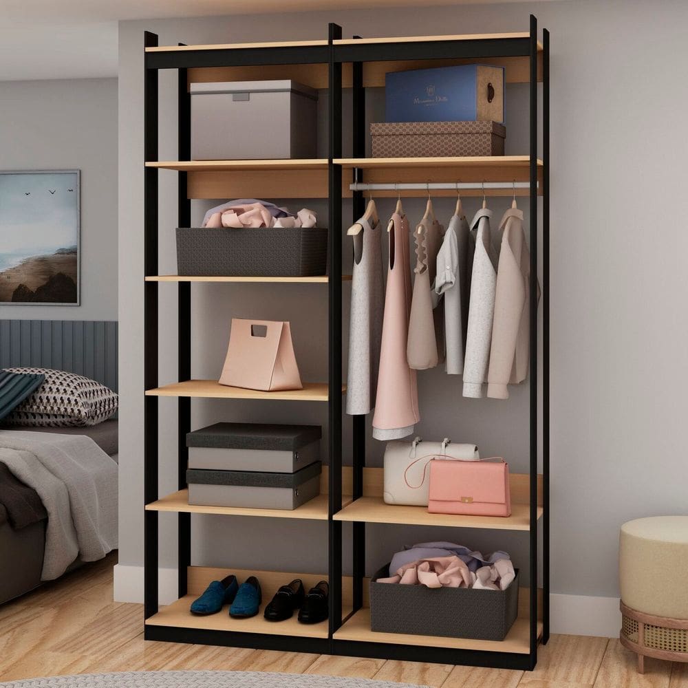 Closet Wood Preto Organização Elegante com Módulo Cabideiro e Prateleira Preto