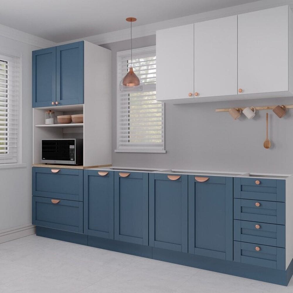 Cozinha Modulada 4 Peças 1 Torre Microondas 1 Aéreo 2 Balcões Arizona Cabecasa Madeiramadeira Branco/Azul