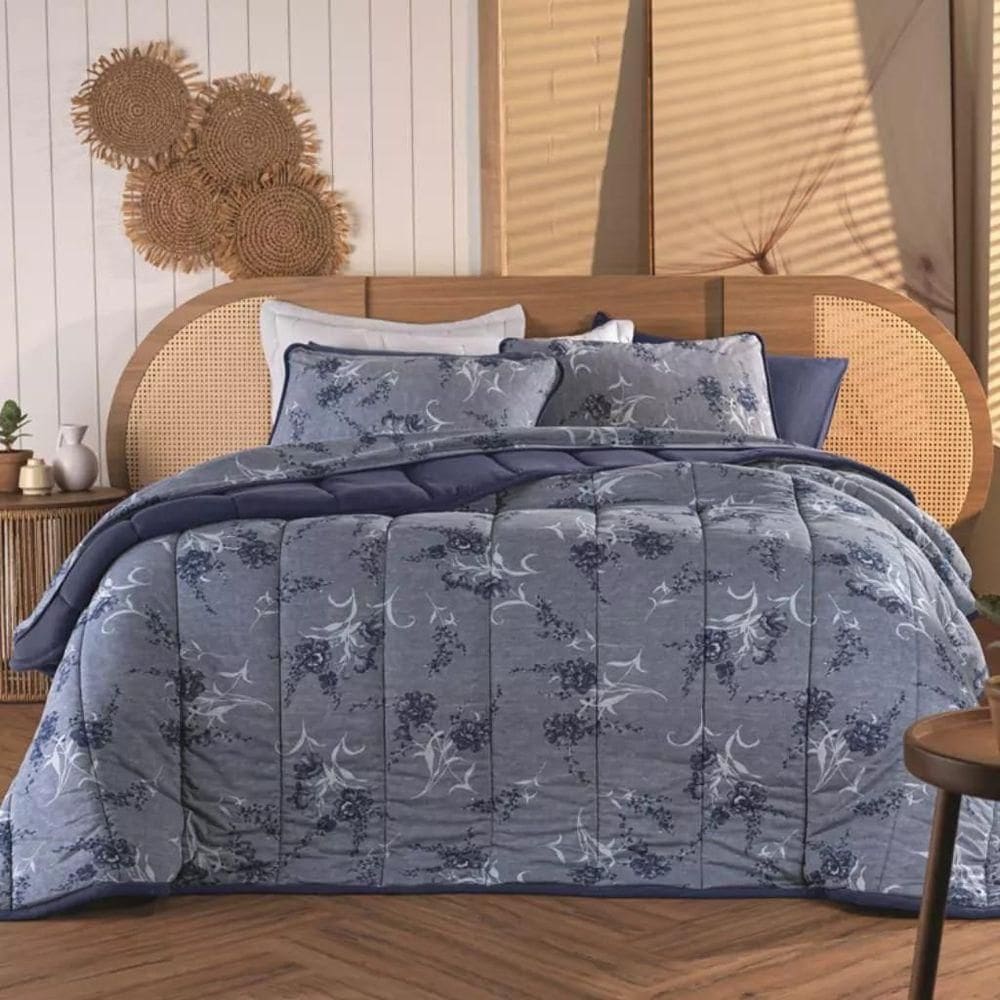 Kit Cobre Leito Casal 3 Pçs Em Malha Floral Azul