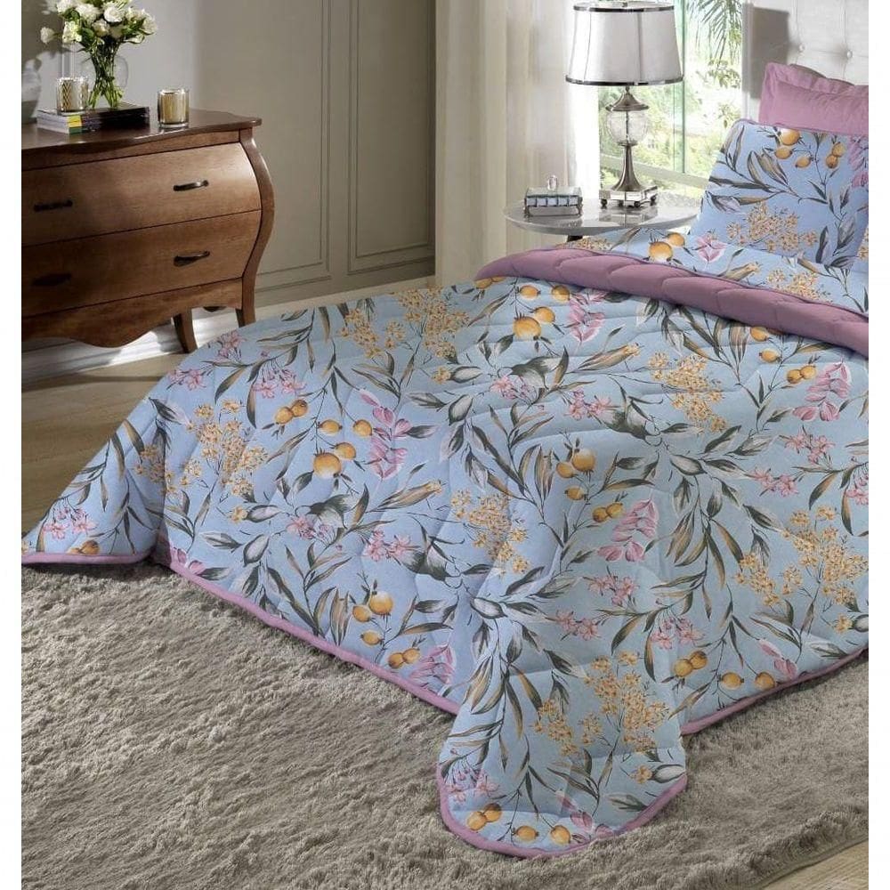 Kit Cobre Leito Solteiro 2 Pçs Em Malha Floral Azul