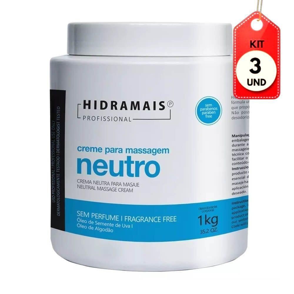 Kit C/03 Hidramais Neutro Creme P/ Massagem 1kg