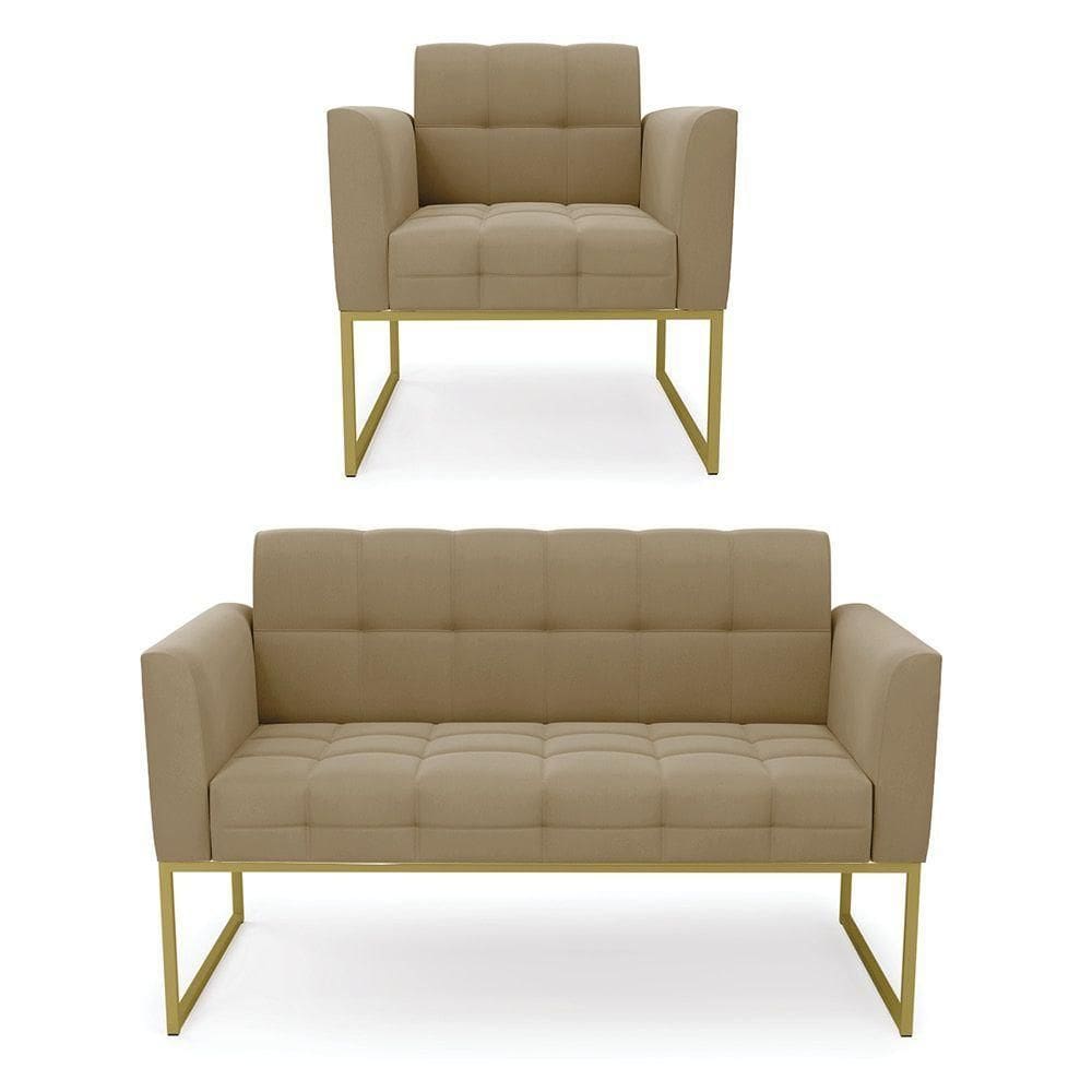 Kit 1 Sofá Namoradeira E 1 Poltrona Suede Base Metálica Industrial Dourado - D\`rossi Marrom
