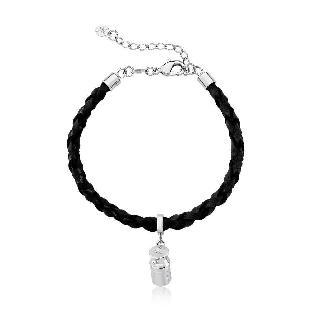 Pulseira De Couro Preto Com Latão De Leite Prateado Tamanho 15cm