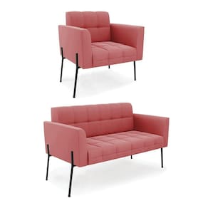 Sofá Namoradeira E Poltrona Pé De Ferro Preto Para Sala Elisa Suede D03 - D`rossi Cor Rose