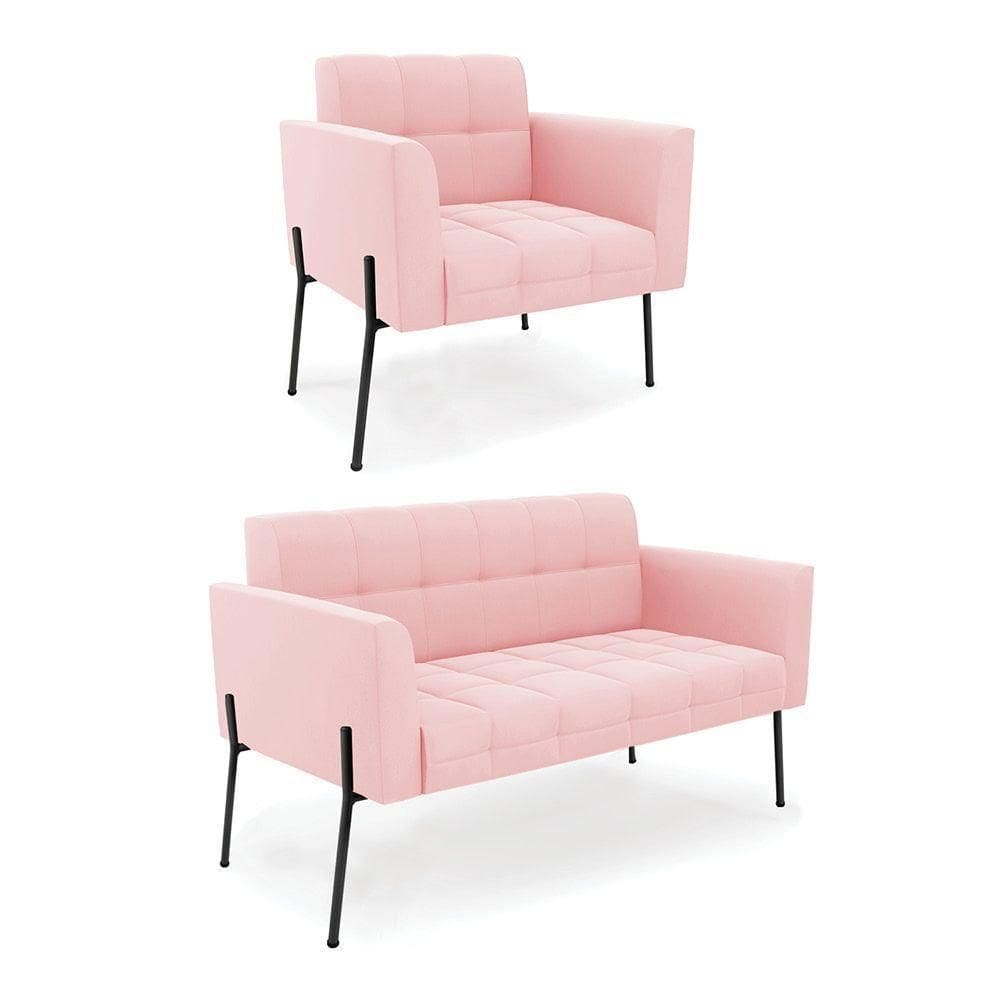 Sofá Namoradeira E Poltrona Pé De Ferro Preto Para Sala Elisa Suede D03 - D`rossi Cor Rosa Bebê