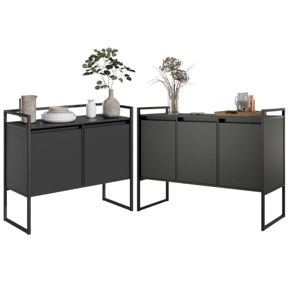 Conjunto Aparador Industrial 2 E 3 Portas Preto