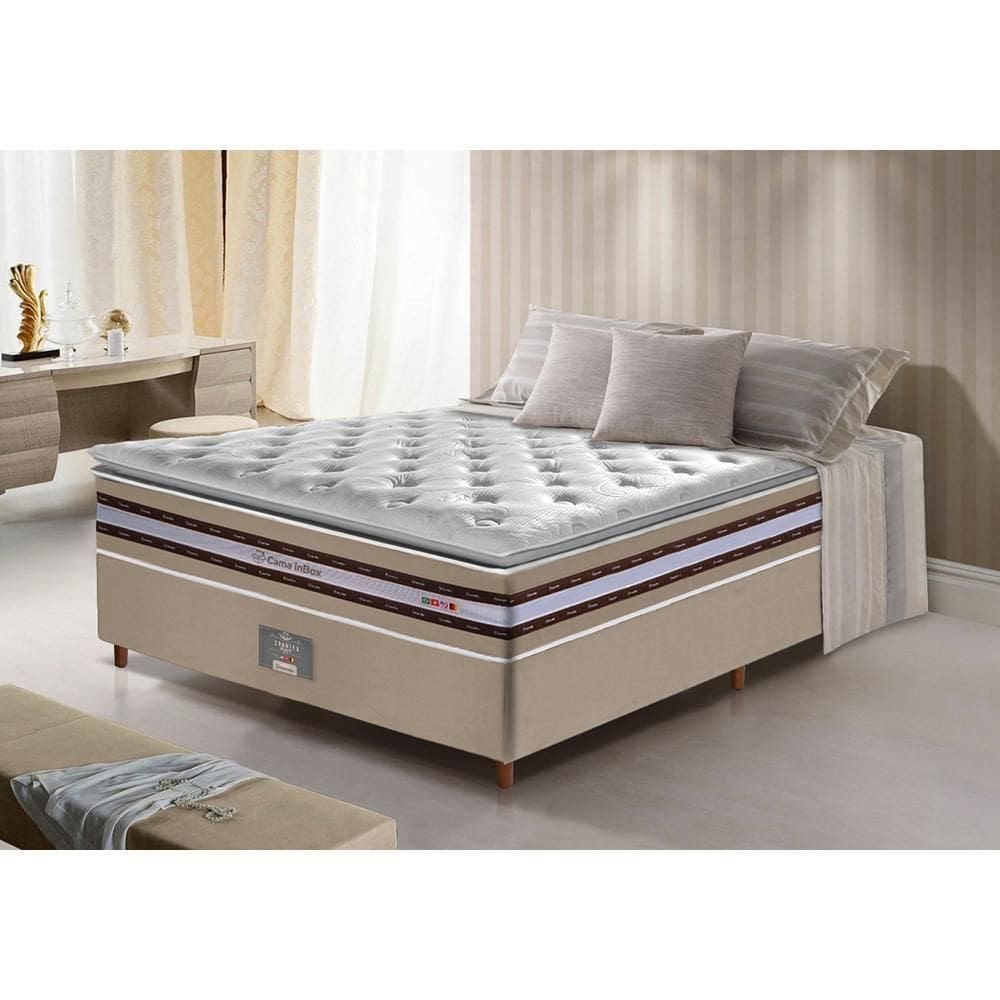 Conjunto Cama Box Casal De Molas Ensacadas D33 Com Pillow Top Cama Inbox Select 138x188x71 Bege