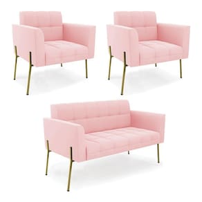 Sofá Namoradeira E 2 Poltronas Pé De Ferro Dourado Elisa Suede Rosa Bebê D03 - D`rossi