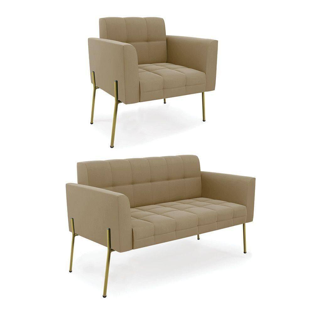 Sofá Namoradeira E Poltrona Pé De Ferro Dourado Elisa Suede D03 - D`rossi Cor Marrom Rato