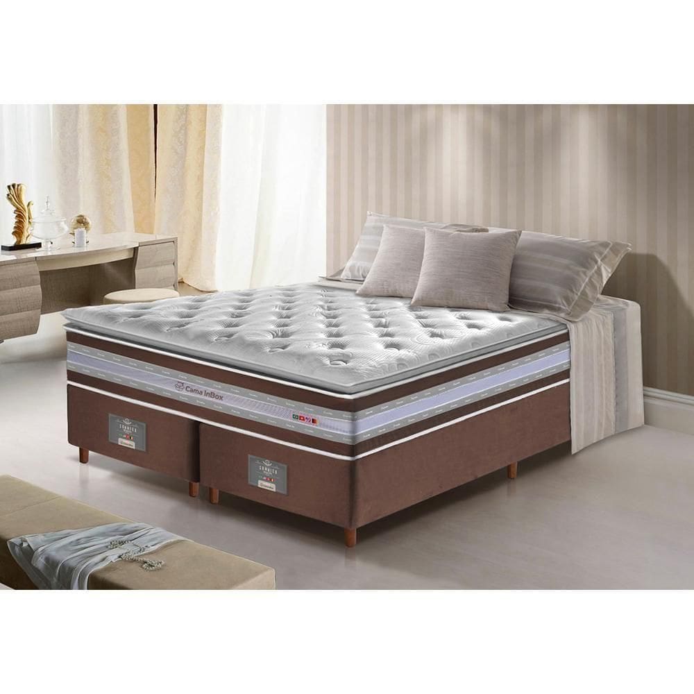Conjunto Cama Box Queen De Molas Ensacadas D33 Com Pillow Top Cama Inbox Select 158x198x71 Café