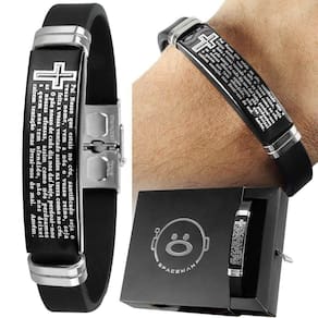 Pulseira Masculina Pai Nosso Preta Placa Aço Inox + Caixa Casual Ajustavel Social