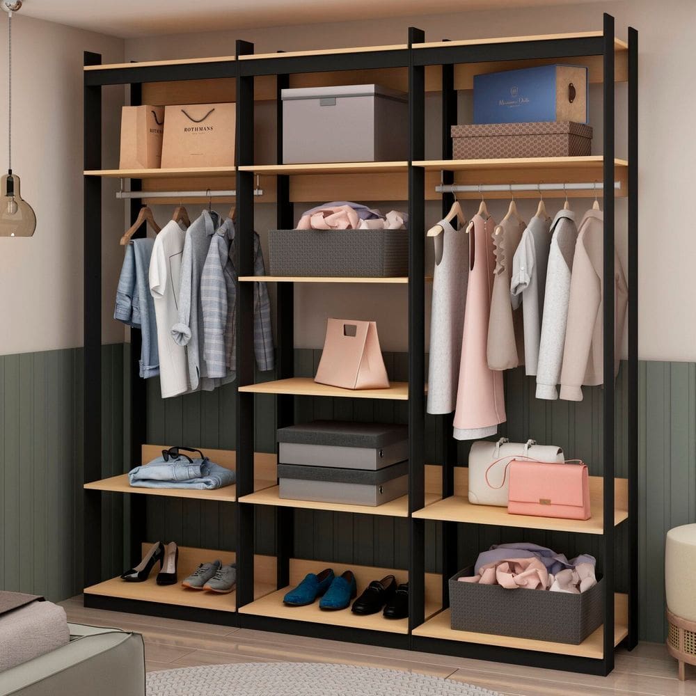 Guarda Roupas Closet Wood Organização Elegante com Módulo Cabideiro e Prateleira Preto
