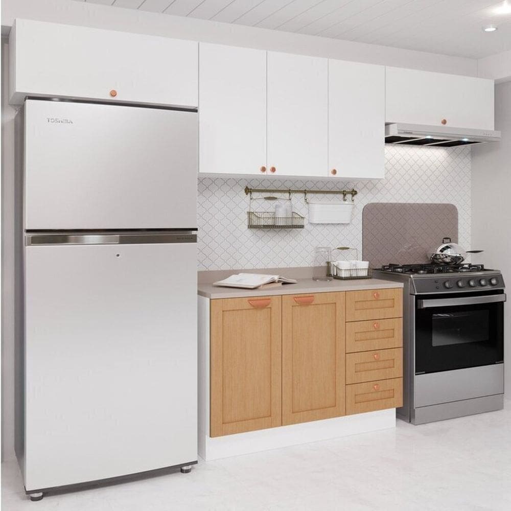Cozinha Modulada 4 Peças 3 Aéreos 1 Balcão Arizona Cabecasa Madeiramadeira Branco/Figueira