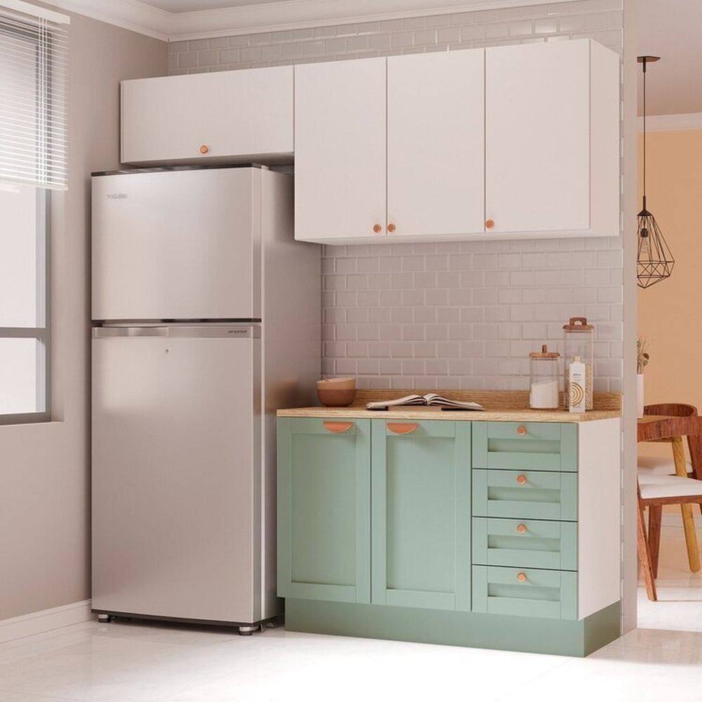 Cozinha Modulada 3 Peças 2 Aéreos 1 Balcão Arizona Cabecasa Madeiramadeira Branco/Menta