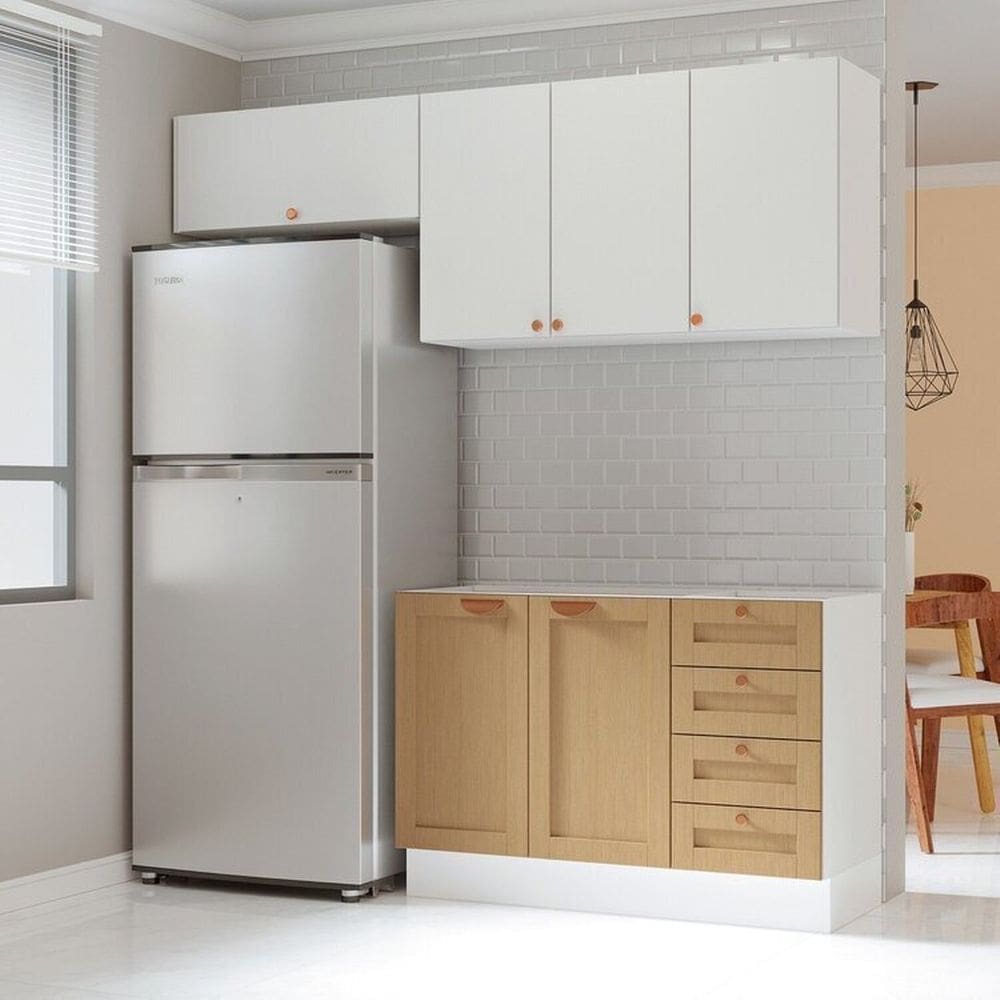 Cozinha Modulada 3 Peças 2 Aéreos 1 Balcão Arizona Cabecasa Madeiramadeira Branco/Figueira