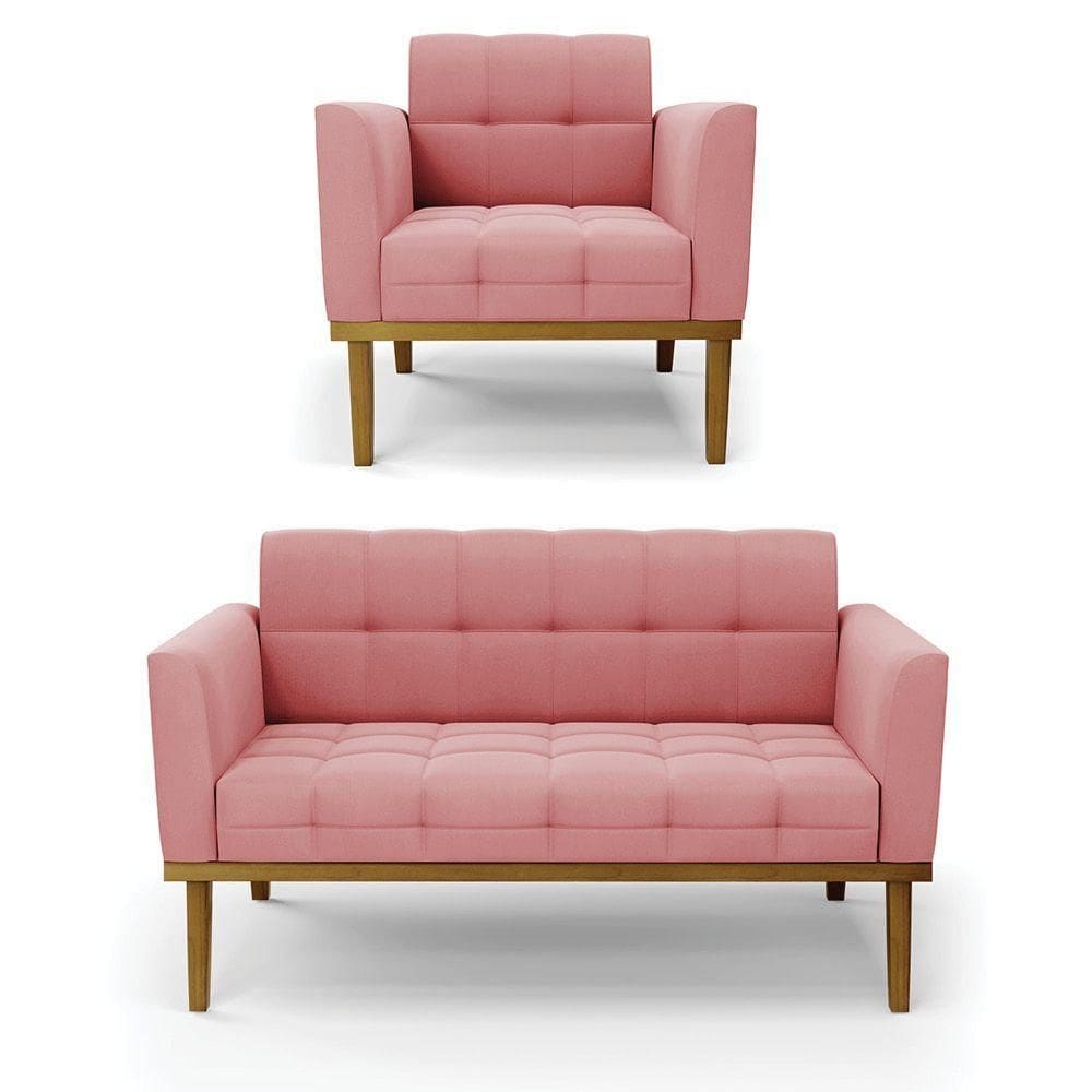 Namoradeira Com Poltrona Base De Madeira Castanho Elisa Suede D03 - D\`rossi Cor Rose