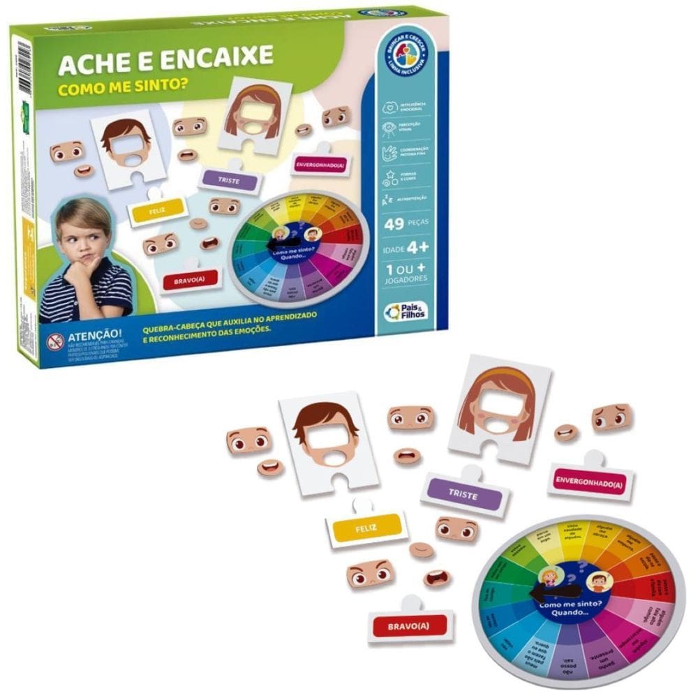 Jogo Ache e Encaixe Como Me Sinto? Tabuleiro Infantil Com 49 Peças Pedagógicas - Pais e Filhos