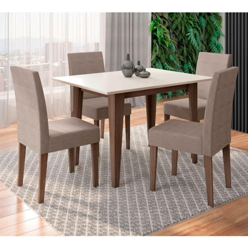Conjunto Sala De Jantar Retangular Mesa Kate 120cm E 04 Cadeiras Josi Amêndoa Com Off White