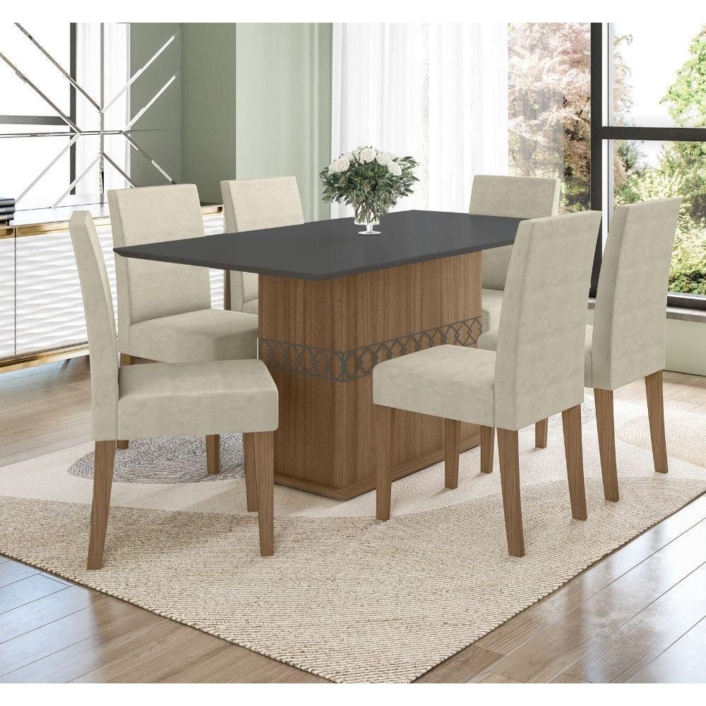Conjunto Sala De Jantar Retangular Mesa Agata 160cm E 06 Cadeiras Josi Carvalho Com Grafite