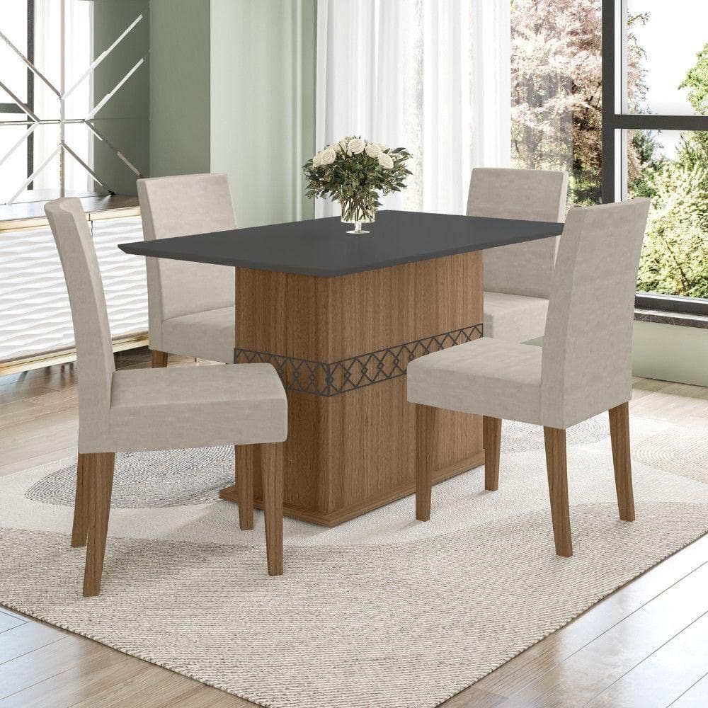 Conjunto Sala De Jantar Retangular Mesa Agata 136cm E 04 Cadeiras Josi Carvalho Com Grafite