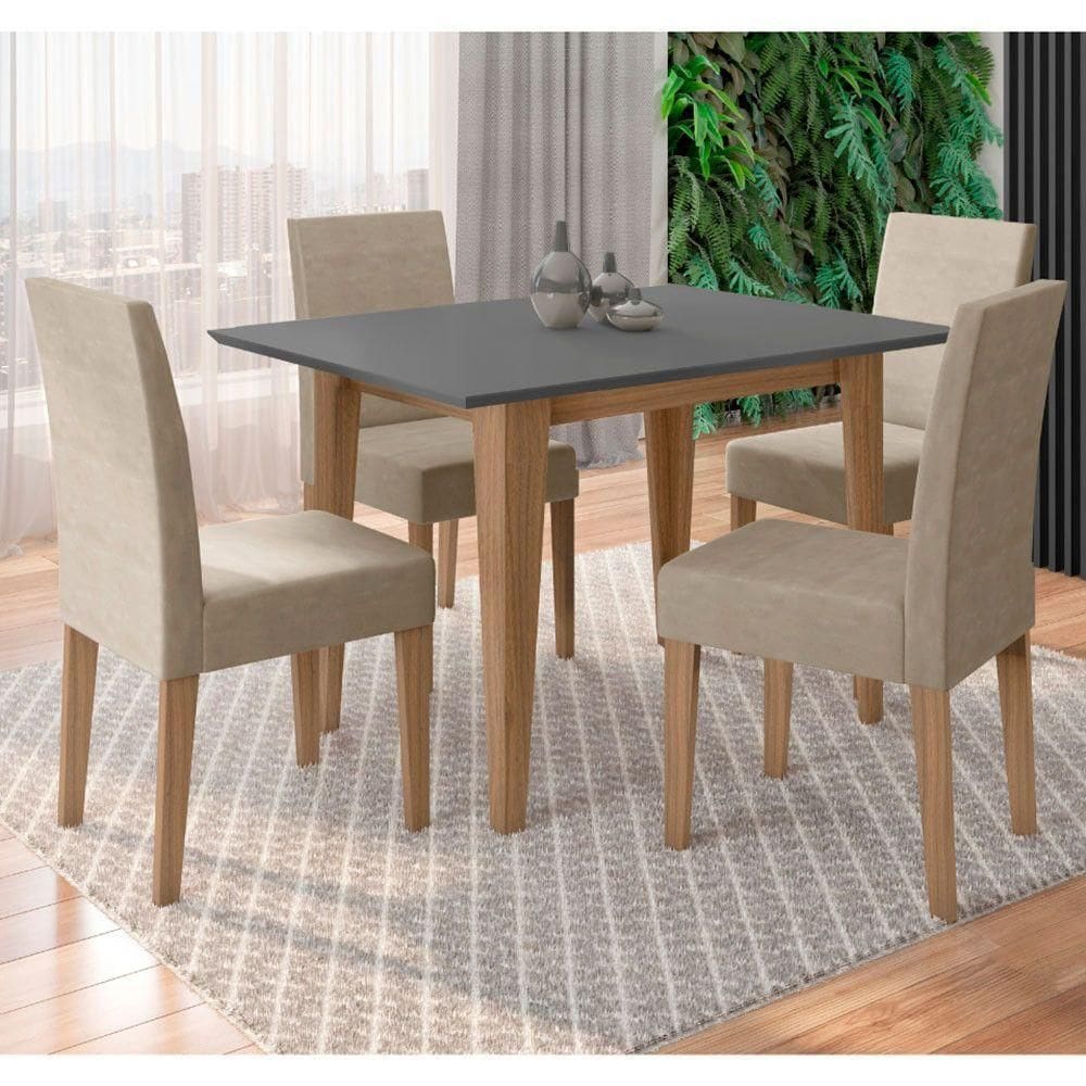 Conjunto Sala De Jantar Retangular Mesa Kate 120cm E 04 Cadeiras Josi Carvalho Com Grafite