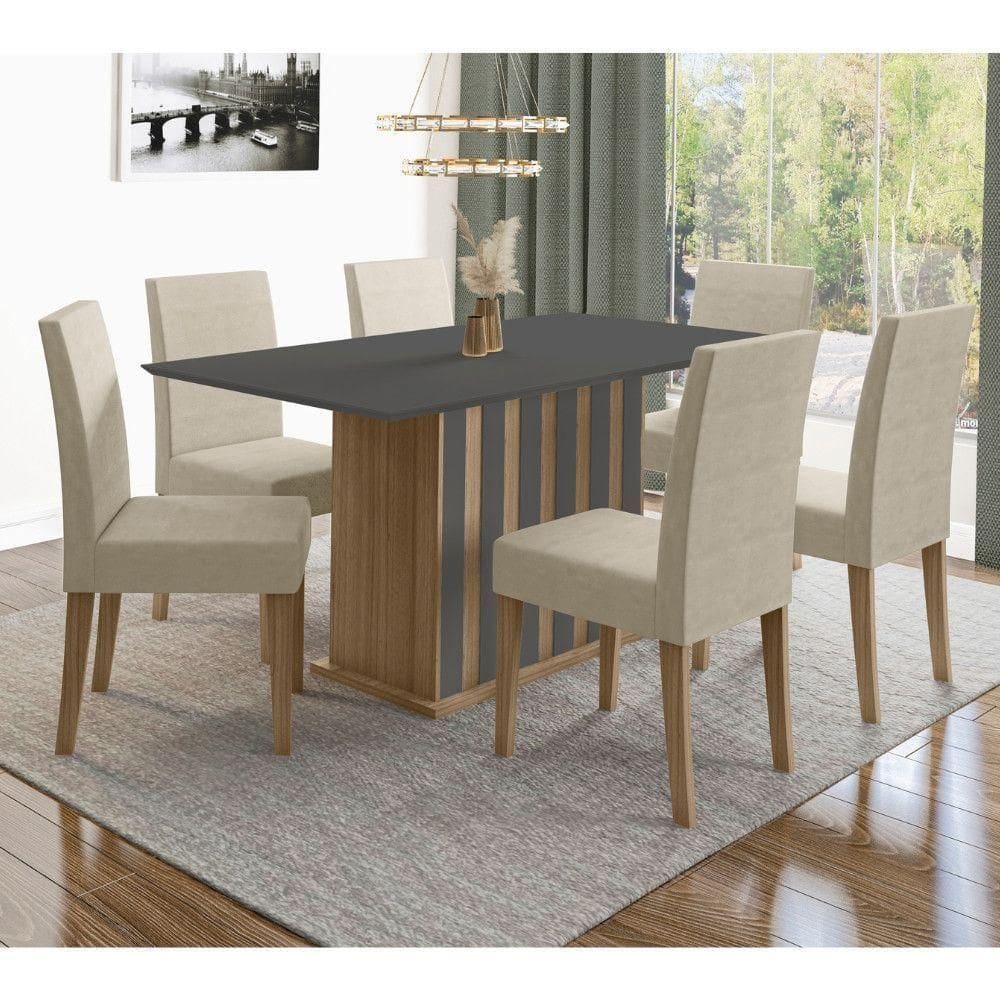 Conjunto Sala De Jantar Retangular Mesa Amalia 160cm E 06 Cadeiras Josi Carvalho Com Grafite