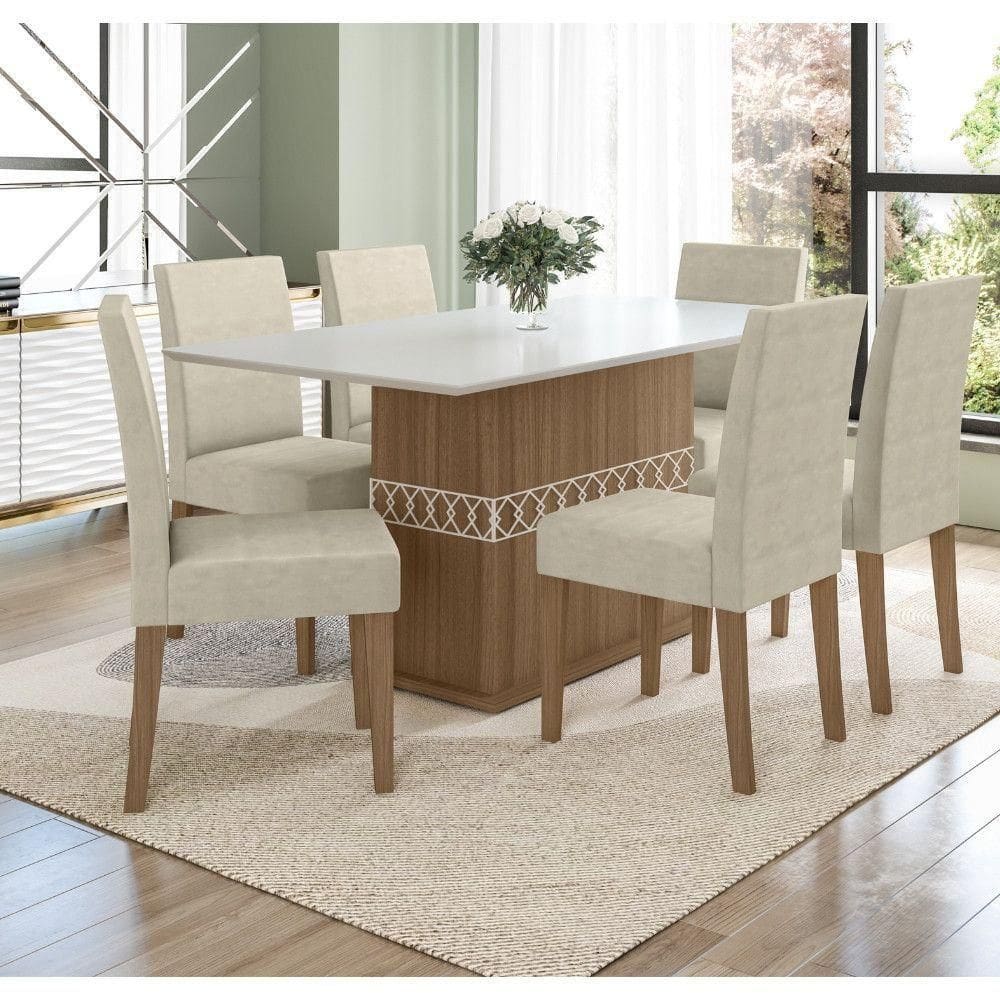 Conjunto Sala De Jantar Retangular Mesa Agata 160cm E 06 Cadeiras Josi Carvalho Com Off White
