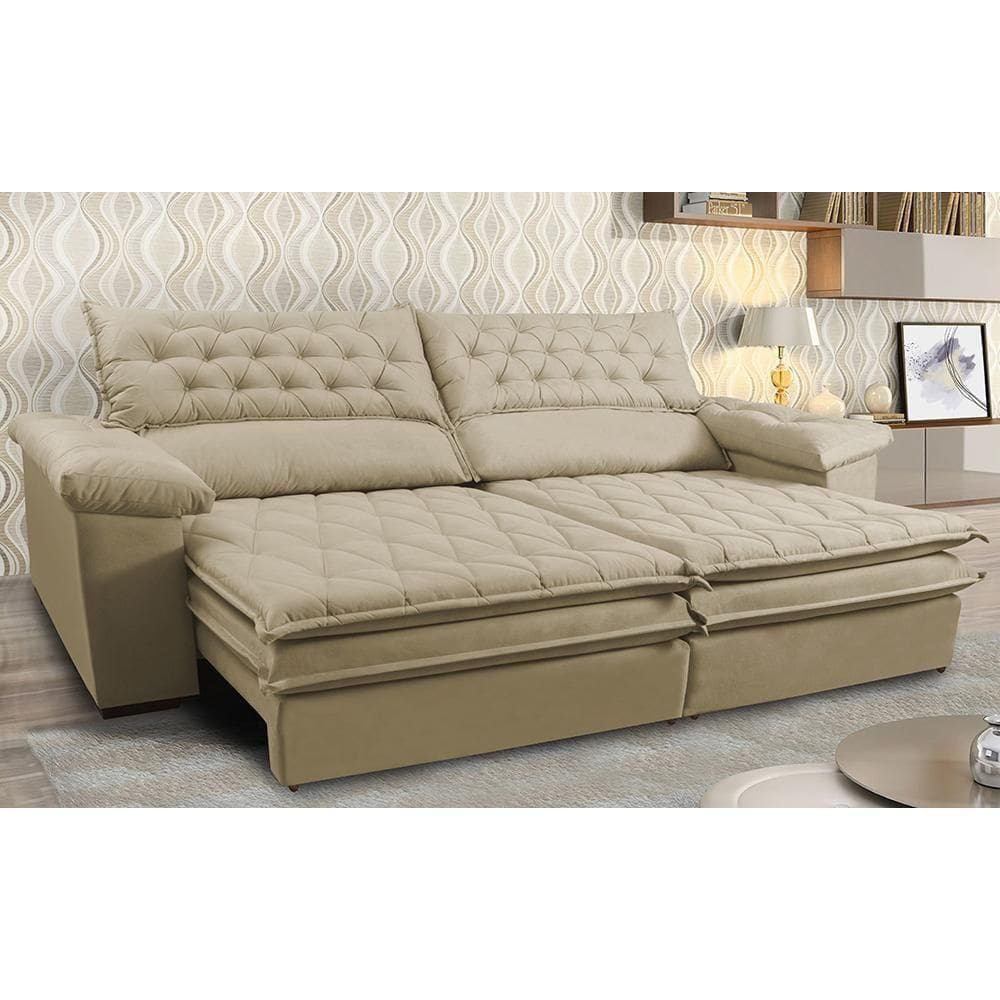 Sofá Retrátil E Reclinável Molas Ensacadas Cama Inbox Botonê 2,72m Espuma Viscoelástico Suede Bege