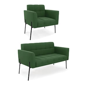 Sofá Namoradeira E Poltrona Pé De Ferro Preto Para Sala Elisa Suede D03 - D`rossi Cor Verde