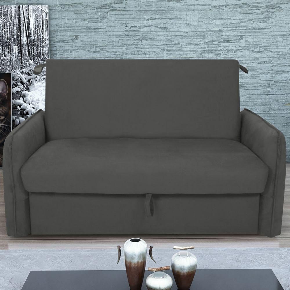 Sofá Cama 2 Lugares Com Baú Fabian Suede Cinza