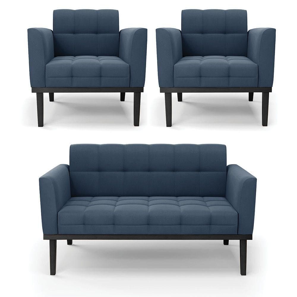 Sofá Namoradeira E 2 Poltronas Base De Madeira Preto Elisa Suede Azul Marinho D03 - D`rossi