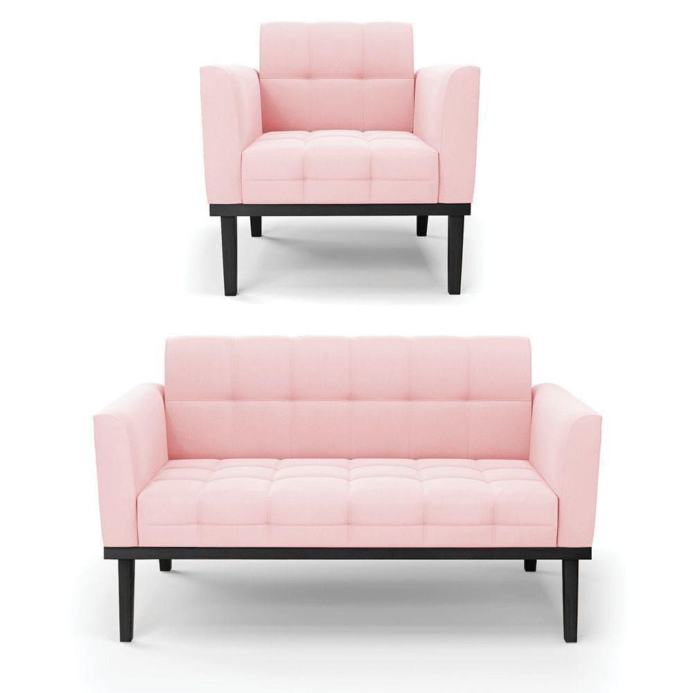 Sofá Namoradeira E Poltrona Base De Madeira Preto Elisa Suede D03 - D`rossi Cor Rosa Bebê