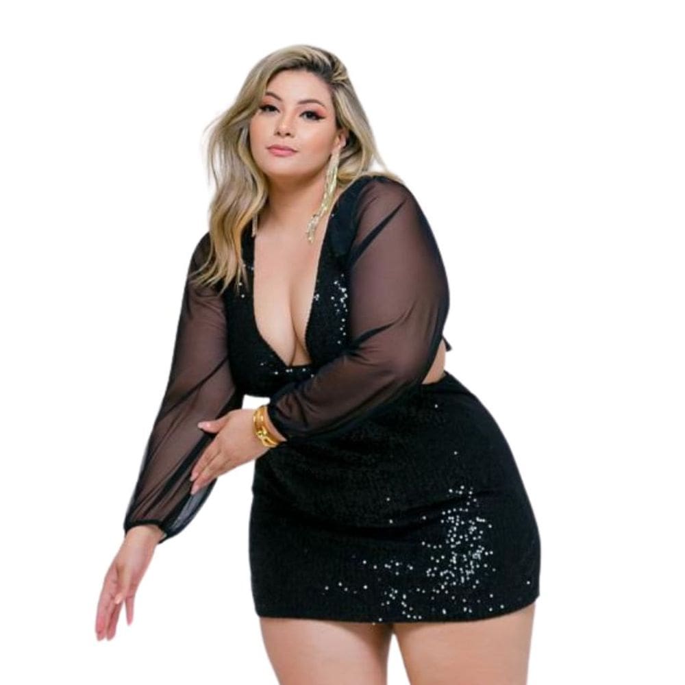 Macaquinho Plus Size Short Saia Paetê Manga Longa Tule 0579