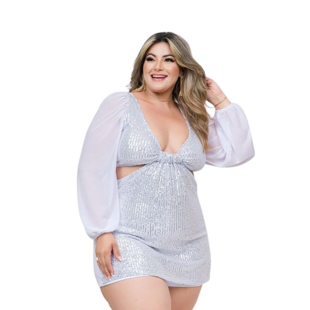 Macaquinho Plus Size Short Saia Paetê Manga Longa Tule 0579