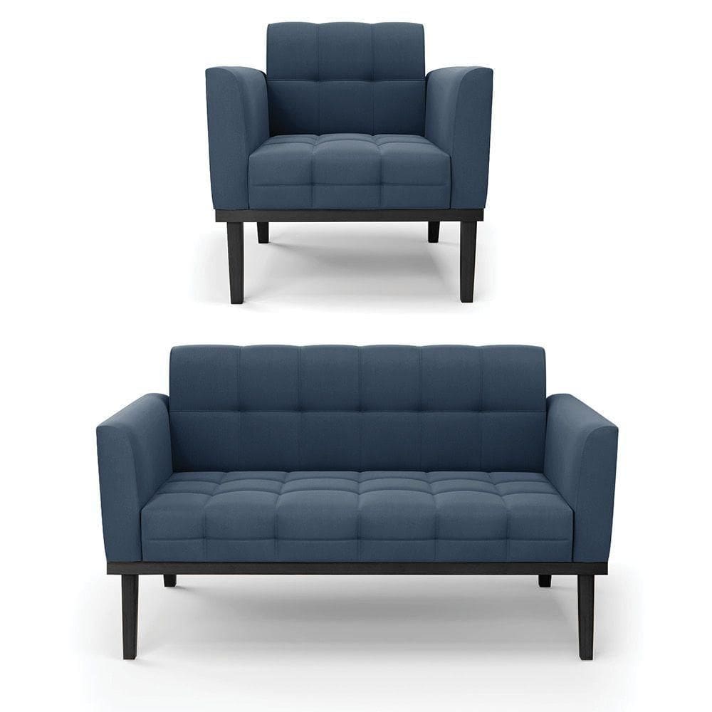 Sofá Namoradeira E Poltrona Base De Madeira Preto Elisa Suede D03 - D`rossi Cor Azul Marinho