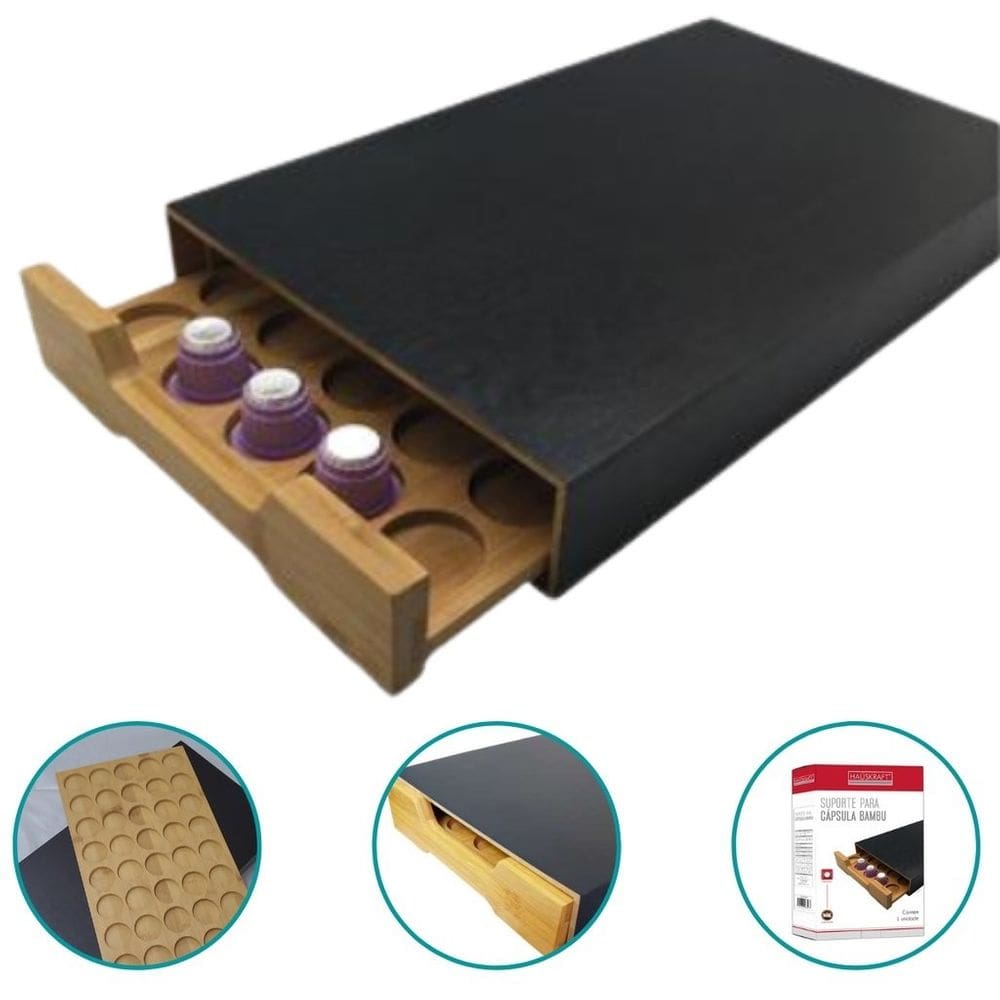 Suporte De Bambu Gaveta Preto Porta 40 Cápsulas De Café - Preto/Marrom
