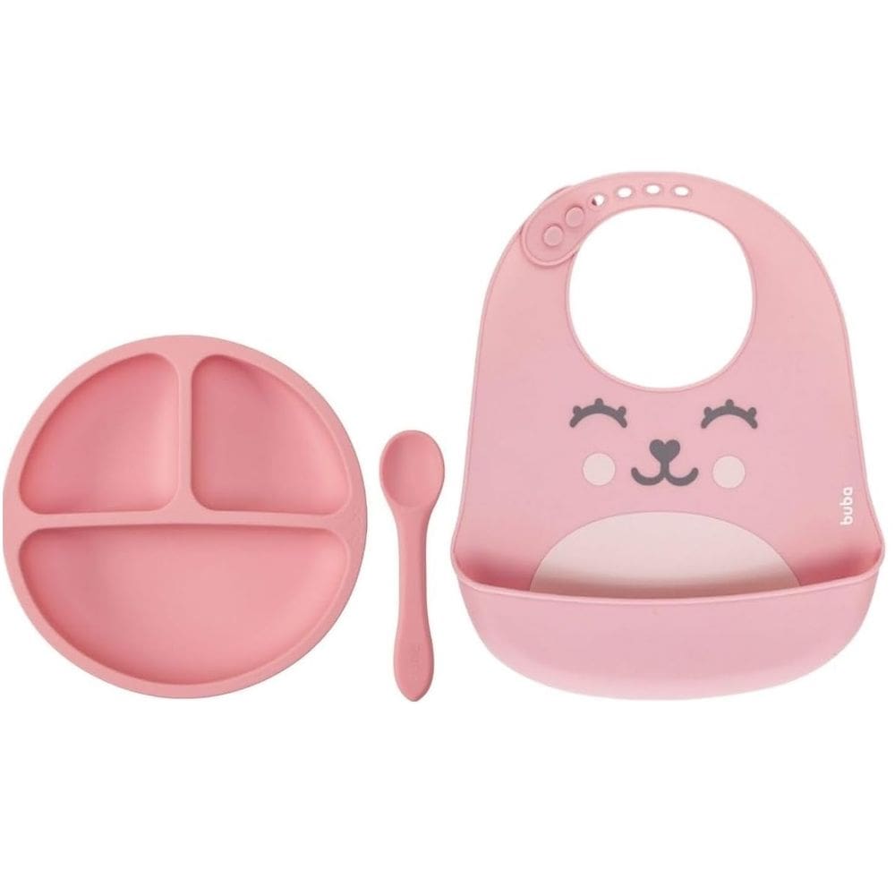 Kit Pratinho Divisoria + Colher + Babador Gumy Em Silicone Rosa - Buba