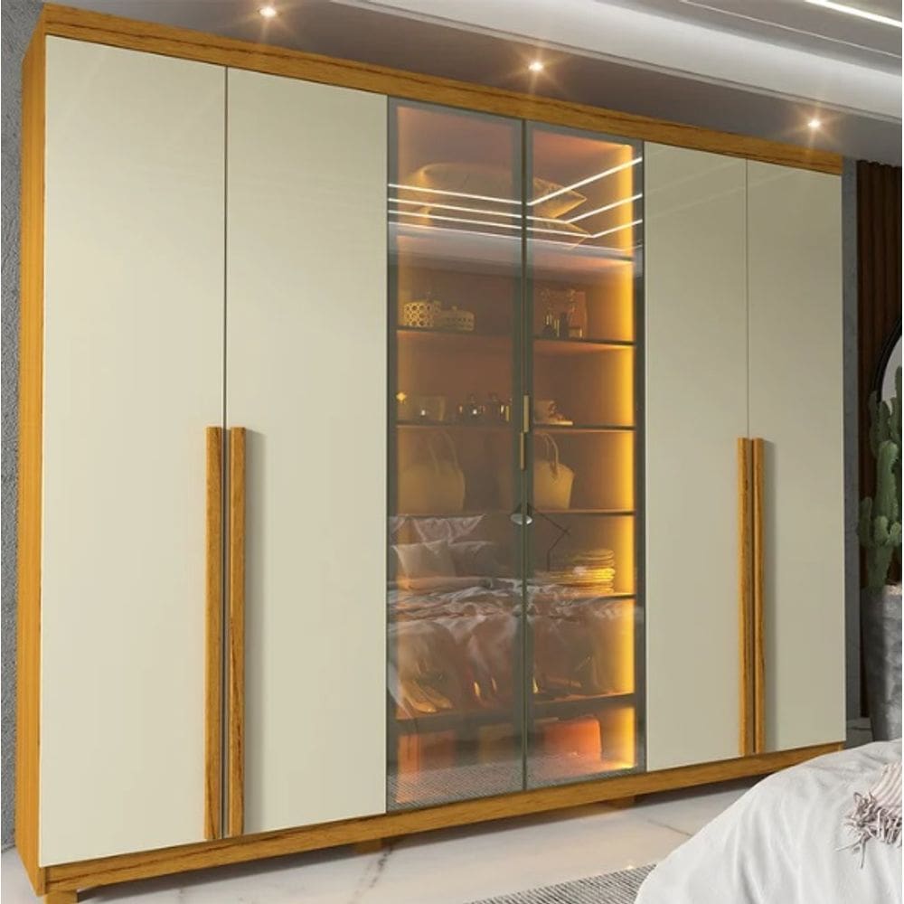 Guarda Roupa Casal 2,30m 6 Portas com Pés com Led Imperatriz Reflecta Naturale/OffWhite