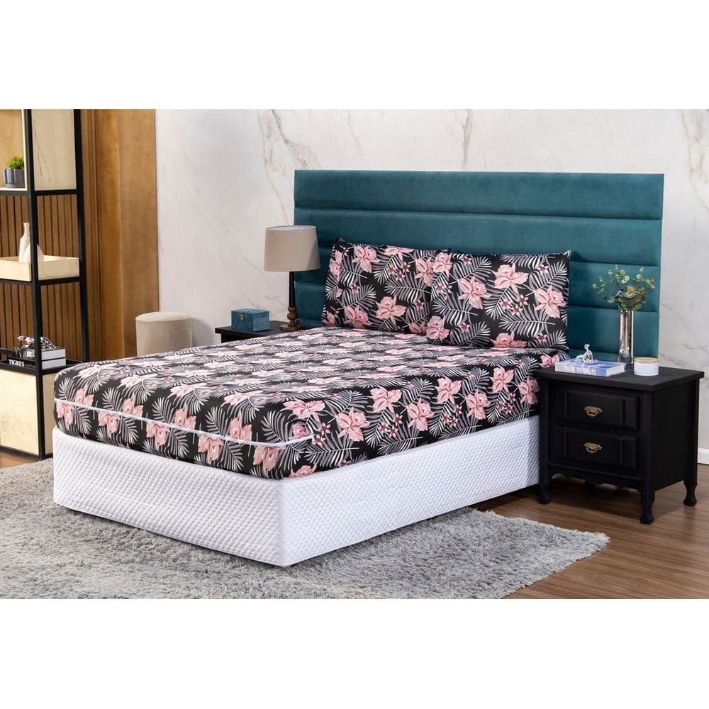 Protetor de Colchão Queen 30cm + Fronhas Capa com Zíper Malha Gel Helanca Grossa Estampada