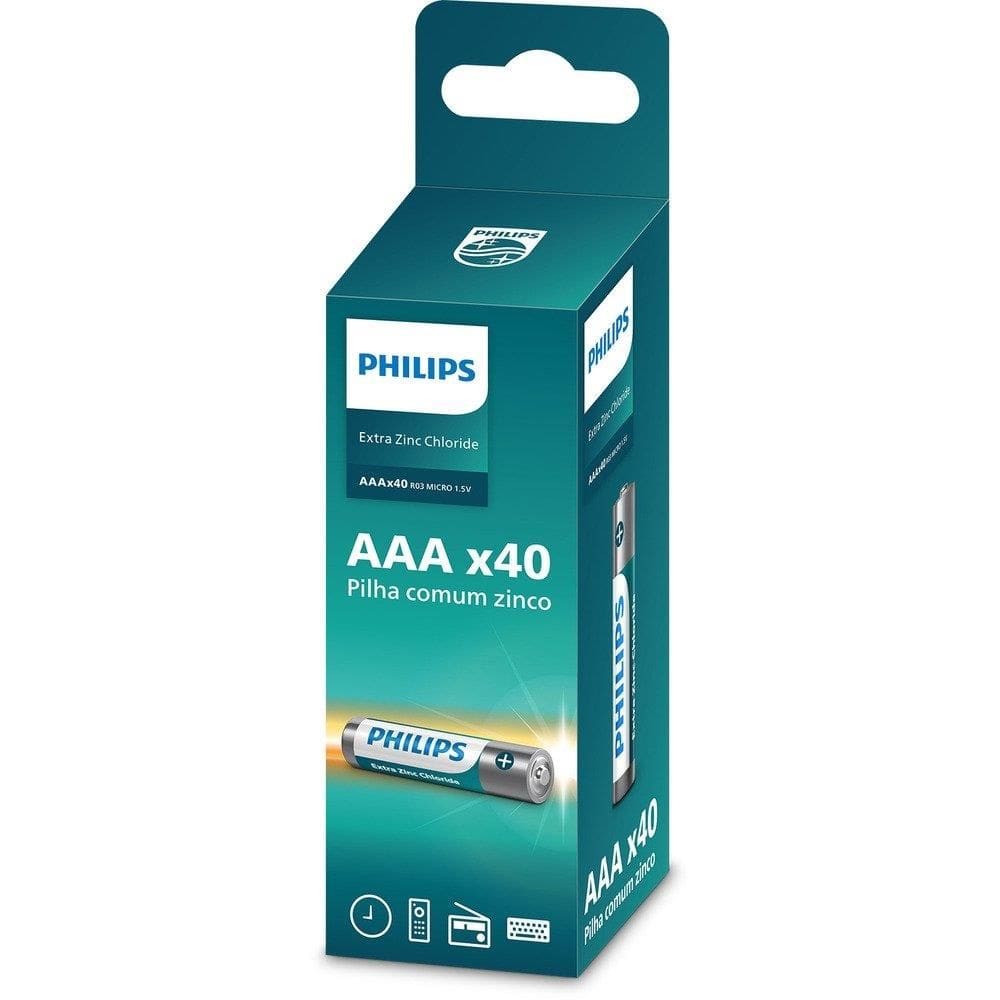 Pilha Philips Comum Zinco Palito AAA R03L40TF/59 Torre - 10 Embalagens com 4 Unidades