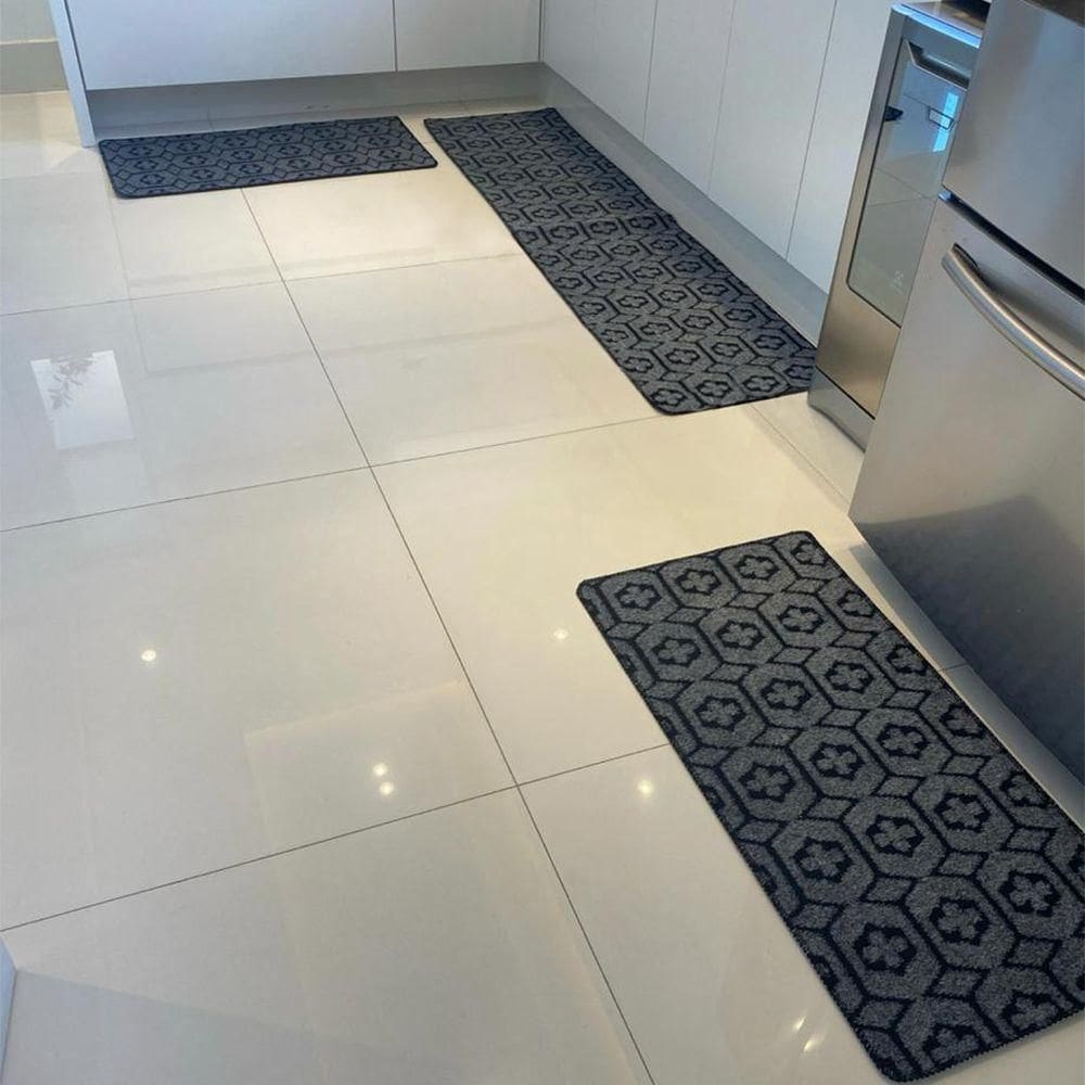 Kit Jogo De Cozinha Carpete Geométrico Elegante 3pçs Cinza