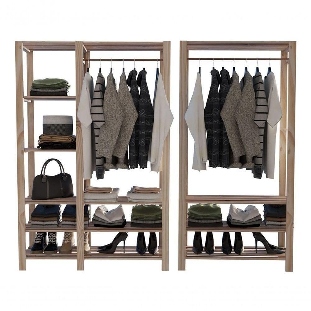 Arara Dupla Closet Combo De Madeira Pinus Organizador