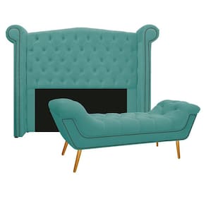 Cabeceira e Calçadeira Veneza 140Cm Casal Suede Azul Tiffany