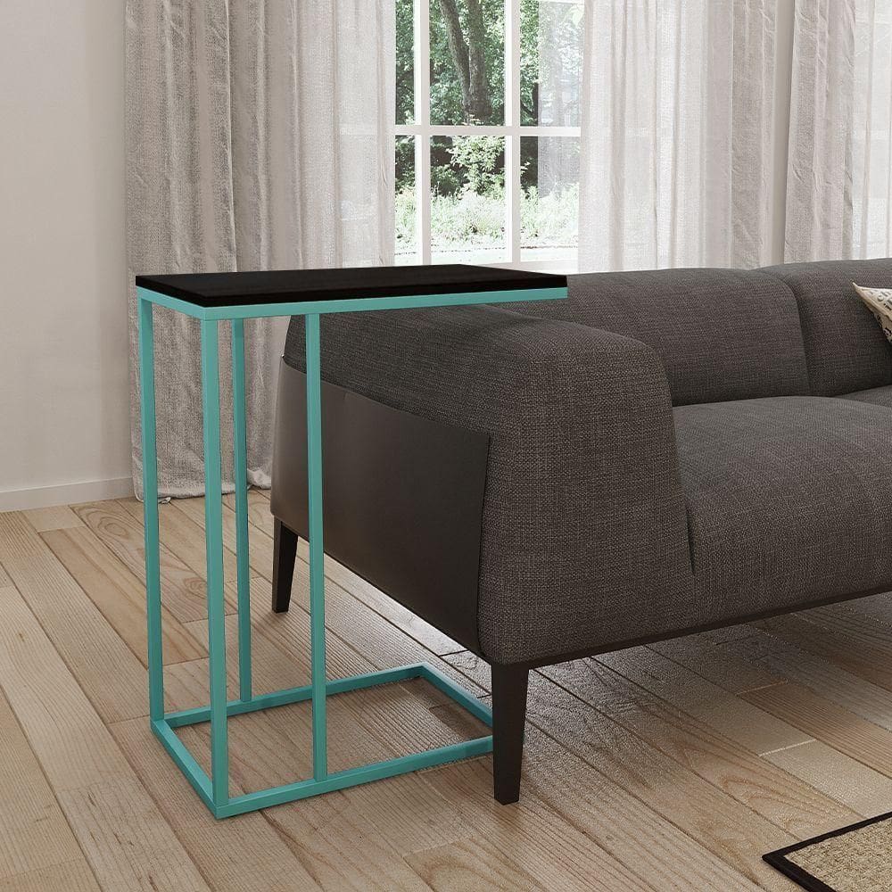 Mesa Lateral Industrial Elena Tampo Preto Base Ferro Azul Turquesa - Cor: Azul