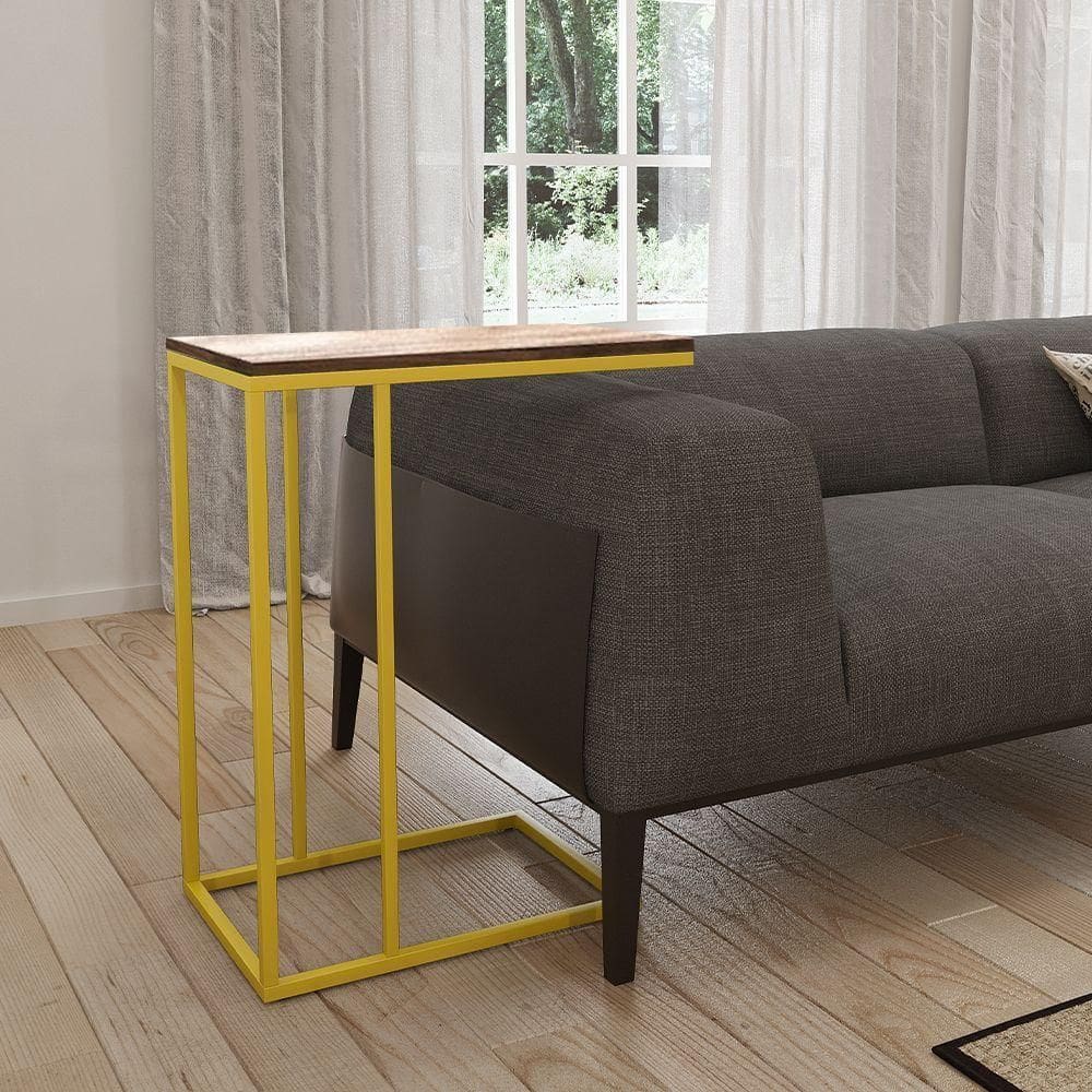 Mesa Lateral Industrial Elena Tampo Amendoa Base Ferro Amarelo - Cor: Amarelo
