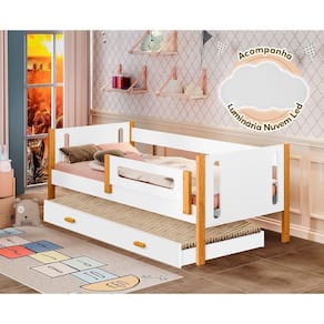 Cama Babá Solteiro Mirela C/ Cama Auxiliar Branco/amêndoa Acompanha Luminária Led Branco