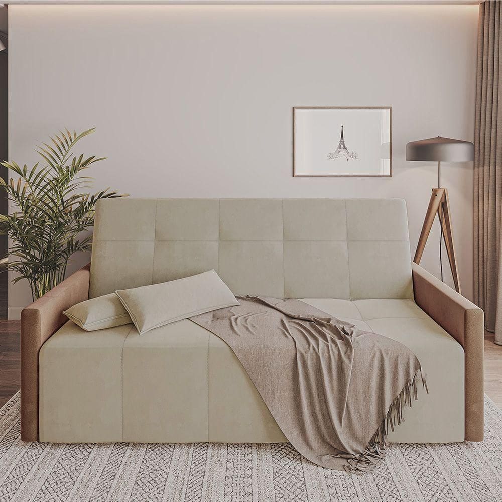 Sofa Cama Retrátil E Reclinável Casal Paris 2m Veludo Areia/marrom - Cor: Bege